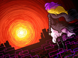 Rule 34 | 1girl, black dress, blonde hair, boots, cape, cityscape, dress, female focus, floating, from behind, gradient hair, hijiri byakuren, hokkai, juliet sleeves, knee boots, long hair, long sleeves, makai (touhou), multicolored hair, puffy sleeves, purple hair, solo, sun, sunlight, touhou, wado, white dress, wind