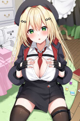Rule 34 | 1girl, :o, apron, beret, between breasts, black boots, black dress, black gloves, black hat, black jacket, black skirt, blonde hair, blurry, blurry background, blush, boots, breasts, brown thighhighs, chest of drawers, cleavage, collared shirt, commentary request, copyright request, depth of field, dress, dress shirt, fingerless gloves, frilled apron, frills, gloves, green eyes, hair between eyes, hair intakes, hands up, hat, highres, indoors, jacket, komori kuzuyu, long hair, looking at viewer, necktie, necktie between breasts, parted lips, pleated dress, red necktie, sewing machine, shirt, sitting, skirt, solo, thighhighs, thighhighs under boots, unworn apron, unworn dress, very long hair, wariza, white shirt, wooden floor