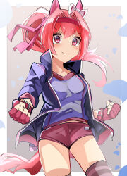 Rule 34 | &gt;:), 1girl, absurdres, alternate color, animal ears, blue jacket, blue shirt, border, bow, buruma, clenched hands, closed mouth, commentary request, ear bow, fingerless gloves, flower-shaped pupils, gloves, grey background, gym shirt, gym uniform, hairband, haru urara (umamusume), highres, horse ears, horse girl, horse tail, jacket, long hair, long sleeves, looking at viewer, open clothes, open jacket, pink hair, player 2, ponytail, red buruma, red eyes, red gloves, red hairband, shi (kamokamo910), shirt, smile, solo, striped clothes, striped thighhighs, symbol-shaped pupils, tail, thighhighs, umamusume, v-shaped eyebrows, white border, white bow