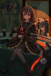 blue_eyes boots breasts closed_mouth drone gun hair_between_eyes hair_ornament handgun highres jacket kdm_(user_fxsj3488) looking_at_viewer medium_breasts medium_hair pantyhose red_eyes sitting sentinel_girls snezhinka_(sentinel_girls) trigger_discipline weapon zvyozdochka_(sentinel_girls)