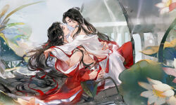 2boys arms_around_neck asian bare_pectorals bare_shoulders black_hair blue_sky brown_eyes character_request chinese_clothes closed_eyes closed_mouth eyelashes fingernails flower full_body hair_bobbles hair_ornament hair_ribbon hair_spread_out hand_on_another&#039;s_hip hanfu head_tilt hug imminent_kiss light_particles lily_pad lips long_hair long_sidelocks long_sleeves looking_at_another male_focus multiple_boys nipples pectorals pink_lips red_hanfu red_ribbon ribbon sidelocks sitting sitting_on_lap sitting_on_person sky thick_eyebrows tianguan_cifu topknot very_long_hair water_lily_flower white_flower white_hanfu wide_sleeves yaoi ye_dian_pikaqiu
