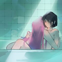 2girls alien_stage bath black_hair blue_hair closed_mouth commentary completely_nude gradient_hair hand_in_another&#039;s_hair highres hug long_hair mizi_(alien_stage) multicolored_hair multiple_girls nude paaaincake pink_hair purple_eyes same-sex_bathing shared_bathing smile sua_(alien_stage) symbol-only_commentary tile_wall tiles wet yuri