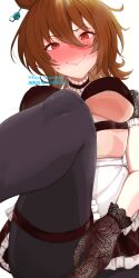 1girl agnes_tachyon_(umamusume) anger_vein animal_ears apron bikini black_bikini black_gloves black_pantyhose black_skirt blush breasts brown_hair chemical_structure closed_mouth collar covered_erect_nipples covering_privates earrings flustered frilled_collar frills fuyo_nagatsuki gloves hair_between_eyes highres horse_ears horse_girl jewelry lace lace_gloves large_breasts leg_up long_hair nervous_sweating pantyhose red_eyes simple_background single_earring skirt solo sweat sweatdrop swimsuit thigh_strap twitter_username umamusume underboob waist_apron white_apron white_background