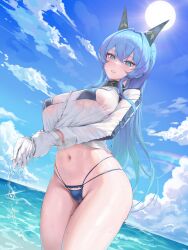 Rule 34 | 1girl, absurdres, bikini, bikini under clothes, blue bikini, blue eyes, blue hair, blue sky, blush, breasts, gloves, goddess of victory: nikke, hair ornament, helm (aqua marine) (nikke), helm (nikke), highres, large breasts, long hair, looking at viewer, micro bikini, multi-strapped bikini bottom, nankam76, naval jacket, no pants, ocean, open mouth, outdoors, see-through clothes, see-through shirt, shirt, skull choker, sky, solo, standing, sun, swimsuit, water drop, wet jacket, white gloves, wringing clothes