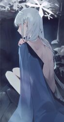 1girl back blue_archive blue_haori blush colored_eyelashes grey_hair halo haori highres japanese_clothes kji_(rozo) long_hair nagusa_(blue_archive) profile single_bare_shoulder sitting solo straight_hair very_long_hair