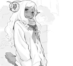 1girl :3 body_fur coat cowboy_shot furry furry_female greyscale hands_in_pockets kikurage_(crayon_arts) long_hair looking_at_viewer monochrome original outdoors scarf sheep_girl solo standing tail wavy_hair