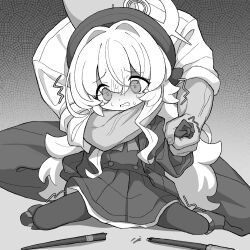 1boy 1girl bald blue_archive choke_hold dress full_body grabbing_another&#039;s_arm greyscale highres ketsu_juuji_killer_(kejuki) male_sensei_(blue_archive) monochrome professor_niyaniya_(blue_archive) sensei_(blue_archive) sitting strangling twitter