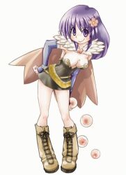 Rule 34 | 1girl, 2000s (style), alchemist (ragnarok online), bad source, black dress, blue gloves, blush, boots, breasts, brown boots, brown cape, cape, cleavage, closed mouth, commentary request, dress, elbow gloves, fingerless gloves, flower, full body, fur collar, gloves, hair flower, hair ornament, john (strike-shank), leaning forward, long hair, looking at viewer, marine sphere, medium breasts, pink flower, purple eyes, purple hair, ragnarok online, short dress, simple background, smile, solo, standing, strapless, strapless dress, v-shaped eyebrows, white background