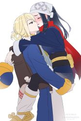 1boy 1girl akari_(pokemon) backpack bag black_hair blonde_hair blush carrying carrying_person closed_eyes commentary_request commission galaxy_expedition_team_survey_corps_uniform ginkgo_guild_uniform goneuk_(lonely_w01f) hat headscarf hetero highres holding holding_unworn_clothes holding_unworn_hat imminent_kiss korean_commentary nintendo pokemon pokemon_legends:_arceus red_scarf scarf sweatdrop twitter_username unworn_hat unworn_headwear volo_(pokemon) white_headscarf