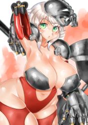 1girl :&lt; animification axe axonn_(bionicle) bionicle blurry blurry_background blush breasts clothing_cutout collarbone genderswap genderswap_(mtf) green_eyes grey_hair groin highres holding holding_axe humanization kanohi_(bionicle) large_breasts leotard looking_at_viewer maboroshi_kirin mask mask_on_head mecha_musume navel navel_cutout red_leotard red_thighhighs short_hair skindentation solo the_lego_group thighhighs v-shaped_eyebrows