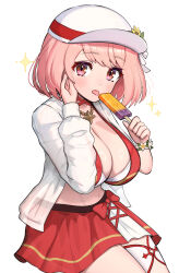 1girl :p bracelet breasts cleavage commentary_request fire_emblem fire_emblem_engage fire_emblem_heroes flower_bracelet food gonzarez hat highres holding holding_food holding_popsicle jewelry lapis_(fire_emblem) lapis_(forager_of_the_sea)_(fire_emblem) large_breasts looking_at_viewer necklace nintendo official_alternate_costume open_mouth pink_eyes pink_hair popsicle red_skirt short_hair simple_background sitting skirt solo sparkle star_(symbol) star_necklace tongue tongue_out white_background white_hat