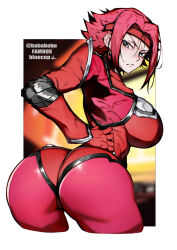 1girl artist_name ass blue_eyes bluecup border breasts closed_mouth code_geass female_focus hand_on_own_hip headband highres kouzuki_kallen large_breasts light_blush medium_hair parted_bangs pilot red_hair red_headband white_border