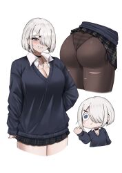 1girl :&lt; absurdres ass barbell_piercing black_choker black_pantyhose black_skirt blue_eyes blue_sweater blush blush_stickers breasts chibi chibi_inset choker cleavage clenched_hand closed_mouth collared_shirt cropped_legs cropped_torso ear_piercing grey_hair grin hair_ornament hair_over_one_eye highres jewelry large_breasts long_sleeves looking_at_viewer miniskirt mole mole_on_ass multiple_views necklace one_eye_covered original panties pantyhose piercing plaid_clothes plaid_skirt pleated_skirt school_uniform sex_toy shirt short_hair side-tie_panties side-tie_peek simple_background skirt sleeves_past_wrists smile spiked_ear_piercing striped_clothes striped_panties sweater underwear white_background white_shirt x_hair_ornament yukaraishin