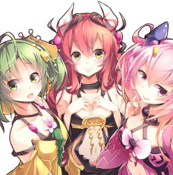 3girls absurdres ahoge arm_tattoo arthropod_girl blush breasts camisole cleavage closed_mouth collarbone detached_sleeves dress duel_monster flower green_hair hands_on_own_chest highres kanzakietc large_breasts long_hair looking_at_viewer medium_breasts monster_girl multiple_girls navel open_mouth pink_eyes pink_flower pink_hair plant_girl red_hair simple_background smile tattoo traptrix_allomerus traptrix_mantis traptrix_sera white_background yellow_dress yellow_eyes yu-gi-oh!