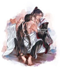 Rule 34 | 2boys, back, bare back, barefoot, bishounen, biting, black hair, black hanfu, black pants, chinese clothes, closed eyes, clothes down, clothes grab, collarbone, couple, english text, eyelashes, full body, hair ribbon, hand on another&#039;s arm, hanfu, high ponytail, highres, implied sex, lan wangji, leg lock, licking, licking another&#039;s neck, light particles, long hair, long sleeves, male focus, mg ms dayo, modao zushi, multiple boys, neck biting, off shoulder, open clothes, open mouth, open robe, pants, partially undressed, pectoral cleavage, pectorals, ponytail, red ribbon, ribbon, robe, robe partially removed, scar, scar on back, sitting, smile, tongue, topless male, twitter username, undressing another, very long hair, watermark, wei wuxian, white hanfu, wide sleeves, yaoi