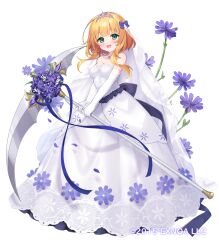 1girl :d blonde_hair blush bow breasts character_request cleavage dress flower flower_knight_girl full_body green_eyes holding holding_scythe long_hair looking_at_viewer medium_breasts name_connection object_namesake official_art open_mouth purple_bow purple_flower scythe simple_background smile solo strapless strapless_dress tiara umeko_machi veil white_background white_dress