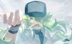 Rule 34 | 1boy, bakutiku, black hat, black shirt, blue eyes, collared shirt, commentary, floating hair, green hair, hand up, hat, highres, jewelry, long hair, looking at viewer, male focus, n (pokemon), necklace, nintendo, pokemon, pokemon bw, shirt, solo, upper body, white shirt, wristband