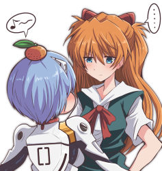 ... 2girls ayanami_rei blue_eyes blue_hair blush bodysuit food food_on_head fruit fruit_on_head fujitaka_nasu hair_between_eyes hairpods hands_on_own_hips interface_headset_(evangelion) long_hair mandarin_orange mecha_pilot_suit multiple_girls musical_note neon_genesis_evangelion object_on_head orange_hair plugsuit_(evangelion) puffy_cheeks red_ribbon ribbon school_uniform short_hair short_sleeves souryuu_asuka_langley speech_bubble upper_body white_background white_bodysuit