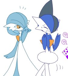 Rule 34 | 1boy, 1girl, ^ ^, alternate color, arm at side, blue hair, blue skin, bob cut, closed eyes, closed mouth, colored skin, flat chest, flat color, gallade, gardevoir, gen 3 pokemon, gen 4 pokemon, grey hair, hair over one eye, hand up, hands up, heart, letter, looking to the side, love letter, mohawk, monya, motion lines, multicolored hair, multicolored skin, nervous smile, nintendo, notice lines, one eye covered, orange eyes, pokemon, pokemon (creature), raised eyebrows, shiny pokemon, short hair, simple background, smile, speech bubble, spoken heart, standing, two-tone hair, two-tone skin, white background, white skin