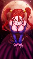 1girl bare_shoulders bent_over breasts cleavage collarbone dragon_quest dragon_quest_viii dress earrings highres jessica_albert jewelry large_breasts long_hair looking_at_viewer necklace orange_hair skirt solo twintails