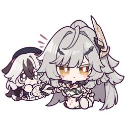 2girls :&lt; blush_stickers bright_pupils chibi colored_eyelashes coralie_6626_planck door erdos_helia erdos_helia_(planar_armament:_warped_spacetime) grey_hair honkai_(series) honkai_impact_3rd long_hair looking_at_viewer midriff multiple_girls navel official_art pleading_eyes solo stomach transparent_background upper_body white_pupils yellow_eyes