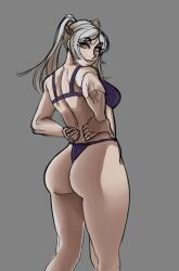 1girl 2024 ass back bikini biting_own_lip blue_bikini breasts commentary desn english_commentary feet_out_of_frame female_focus fire_emblem fire_emblem_awakening from_behind grey_background grey_hair hands_on_own_hips highres huge_ass looking_at_viewer medium_breasts nintendo robin_(fire_emblem) shadow side-tie_bikini_bottom sideboob solo standing swimsuit thick_thighs thighs twintails underwear yellow_eyes