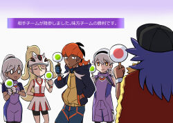0_0 2girls 3boys :d absurdres arm_behind_back baseball_cap bicycle_helmet bike_shorts black_eyes black_gloves black_hair black_hairband black_hat black_hoodie blonde_hair blue_gloves blue_shorts cape champion_uniform closed_eyes closed_mouth commentary_request dark-skinned_female dark-skinned_male dark_skin dress dynamax_band earrings from_behind fur-trimmed_cape fur_trim gameplay_mechanics gloves gradient_background grey_hair hair_between_eyes hair_through_headwear hairband hand_in_pocket hand_up hat headband helmet highres holding holding_sign hood hoodie jewelry korrina_(pokemon) leon_(pokemon) long_hair looking_at_another looking_at_viewer multiple_boys multiple_girls nintendo open_mouth orange_headband partially_fingerless_gloves pokemon pokemon_swsh pokemon_unite pokemon_xy ponytail purple_hair purple_shirt purple_shorts raihan_(pokemon) red_cape shirt short_hair short_sleeves shorts sign single_glove sleeveless sleeveless_dress smile spiked_hair standing surrendering translation_request two-tone_gloves undercut watagashikn white_dress white_gloves white_helmet yellow_eyes