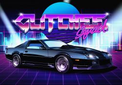 absurdres car chevrolet chevrolet_camaro english_text from_side glowing highres motor_vehicle no_humans original sh1m4o solo vaporwave vehicle_focus vehicle_request wheel