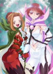 2girls ass black_thighhighs bodysuit breasts brown_hair cape cosplay digimon digimon_adventure digimon_savers fujieda_yoshino gerusyu hand_on_own_hip long_hair looking_at_viewer medium_hair multiple_girls open_mouth ponytail red_bodysuit rosemon rosemon_(cosplay) rosemon_burst_mode rosemon_burst_mode_(cosplay) small_breasts smile tachikawa_mimi thighhighs thorns whip white_bodysuit
