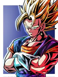 Rule 34 | 1boy, blonde hair, blue background, blue sash, blue shirt, border, commentary request, crossed arms, dragon ball, dragonball z, earrings, gloves, green eyes, halftone, highres, jewelry, male focus, muscular, muscular male, orange shirt, potara earrings, sash, shirt, simple background, smirk, solo, super saiyan, super saiyan 1, upper body, ushi (akabec0), vegetto, white border, white gloves