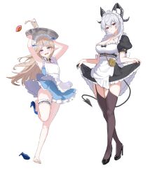 2girls absurdres alternate_costume apron armpits arms_up barefoot black_dress black_horns black_shoes black_tail black_thighhighs blonde_hair blue_dress blue_eyes blue_shoes blush breasts cartethyia_(wuthering_waves) cleavage commentary_request crown_of_thorns cup curled_horns demon_tail donut dress drinking_glass enmaided feet food frilled_thigh_strap full_body grey_hair hair_between_eyes high_heels highres horns korean_commentary large_breasts long_hair looking_at_viewer maid maid_headdress milk multicolored_hair multiple_girls open_mouth pongdo puffy_sleeves red_eyes shoes short_sleeves simple_background sleeveless sleeveless_dress streaked_hair tacet_mark_(wuthering_waves) tail thigh_strap thighhighs thighs toes white_background wuthering_waves zani_(wuthering_waves)