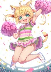 1girl :d absurdres ahoge animal_ear_fluff animal_ears bare_legs blonde_hair bow cat_ears cat_girl cat_tail collared_dress commentary_request commission dress full_body green_dress green_eyes hair_bobbles hair_ornament highres holding holding_pom_poms loli long_hair multicolored_dress open_mouth original pink_dress pixiv_commission pom_pom_(cheerleading) pom_poms red_bow shoes short_sleeves smile solo striped_clothes striped_dress tail tail_bow tail_ornament teeth twintails upper_teeth_only variant_set white_shoes yellow_dress zusshii_(libertasgenesis)