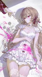Rule 34 | 1girl, aegyo sal, blood, blood on clothes, blood on ground, blood splatter, bow, breasts, brown hair, cleavage, detached sleeves, different shadow, double-parted bangs, dress, drop shadow, finger gun, finger gun to head, flower, frilled dress, frilled sleeves, frills, hair between eyes, hair bun, hair ribbon, hand on own chest, highres, implied injury, jewelry, lace, lace thighhighs, long hair, lying, misonyeo s2, multiple rings, necklace, on back, on ground, original, out of frame, pearl necklace, pink blood, pink eyes, red nails, red sleeves, ribbon, ring, rose, solo, thighhighs, upper body, very long hair, wedding ring, white background