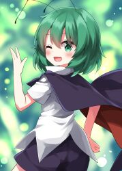 1girl ;d antennae black_cape blue_shorts blush cape commentary cowboy_shot from_behind green_background green_eyes green_hair hand_on_own_hip hand_up highres looking_at_viewer looking_back one_eye_closed open_mouth red_cape ruu_(tksymkw) shirt short_hair short_sleeves shorts smile solo touhou two-sided_cape two-sided_fabric white_shirt wriggle_nightbug