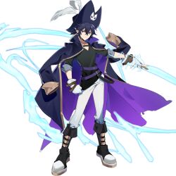 Rule 34 | 1boy, aotu world, belt, black boots, black hair, black shirt, boots, brown belt, cleavage cutout, clenched hand, closed mouth, clothing cutout, coat, coat on shoulders, electricity, electrokinesis, full body, gloves, hair between eyes, hat, hat feather, holding, holding sword, holding weapon, jewelry, knee boots, looking at viewer, male focus, multiple belts, official alternate costume, official art, pants, pirate hat, pointy ears, purple belt, purple coat, purple eyes, purple hat, qi chuang she, ray (aotu world), shirt, simple background, sleeves rolled up, smile, solo, standing, sword, third-party source, transparent background, weapon, white gloves, white pants