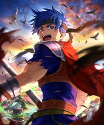 2boys 2girls blue_eyes blue_hair cape commentary fire_emblem fire_emblem:_path_of_radiance glint headband highres ike_(fire_emblem) male_focus marcia_(fire_emblem) maze_draws multiple_boys multiple_girls nintendo open_mouth red_cape short_hair solo_focus soren_(fire_emblem) titania_(fire_emblem) torn_clothes twitter_username