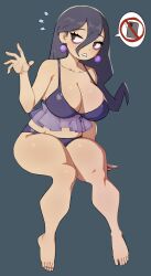 1girl @_@ absurdres alternate_costume bags_under_eyes bikini blue_background blush breasts cleavage commentary earrings fingernails flowerpigeon flying_sweatdrops frilled_bikini frills full_body grey_eyes grey_hair hair_between_eyes hex_maniac_(pokemon_legends:_z-a) highres jewelry large_breasts long_bangs long_hair looking_afar looking_to_the_side nintendo open_mouth pokemon pokemon_legends:_z-a purple_bikini purple_nails simple_background sitting solo sphere_earrings swimsuit