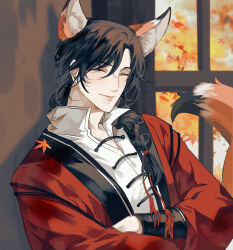 Rule 34 | 1boy, animal ears, autumn leaves, bishounen, black hair, blush, braid, braided ponytail, chinese clothes, closed eyes, closed mouth, collared shirt, crossed arms, extra ears, fang, fang out, fox boy, fox ears, fox tail, hair over shoulder, hair ribbon, hanfu, highres, hua cheng, indoors, kemonomimi mode, leaf, long hair, long sleeves, male focus, maple leaf, official alternate hairstyle, pointy ears, red hanfu, red ribbon, ribbon, ronpu cooing, san lang, shirt, single braid, smile, solo, tail, tianguan cifu, upper body, white shirt, window
