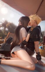 1boy 1girl 3d arm_support ass bare_legs beach beach_towel beach_umbrella bikini bikini_under_clothes black_bikini black_hair black_sailor_collar black_shirt black_shorts blonde_hair blurry blurry_background cloud_strife cloud_strife_(maritime_sailor) commentary couple denim denim_skirt english_commentary feet_out_of_frame final_fantasy final_fantasy_vii final_fantasy_vii_ever_crisis frayed_skirt from_side grey_skirt hand_on_another&#039;s_chest hand_on_another&#039;s_head highres kiss legs long_hair low-tied_long_hair miniskirt official_alternate_costume outdoors palm_tree profile sailor_collar shirt short_sleeves shorts sitting skirt spiked_hair sreliata swimsuit tifa_lockhart tifa_lockhart_(lifeguard) towel tree umbrella white_shirt yokozuwari