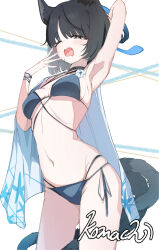 absurdres animal_ears bikini black_eyes black_tail blue_archive blue_bikini blue_halo blue_tail cat_ears cat_girl cat_tail colored_inner_animal_ears criss-cross_halter criss-cross_straps gradient_tail halo halterneck highres kikyou_(blue_archive) kikyou_(swimsuit)_(blue_archive) komachi_0808 layered_bikini multi-strapped_bikini_bottom multiple_tails official_alternate_costume swimsuit tail two_tails
