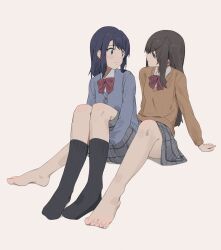 Rule 34 | 2girls, adachi sakura, adachi to shimamura, barefoot, between legs, black socks, blue cardigan, blue eyes, blush, bow, bowtie, brown hair, brown sweater, cardigan, closed mouth, collared shirt, commentary, grey skirt, highres, kneehighs, lie lack1080, long hair, long sleeves, looking at another, multiple girls, plaid clothes, plaid skirt, pleated skirt, red bow, red bowtie, shimamura hougetsu, shirt, sitting, skirt, socks, sweater, toenails, toes, white shirt, yuri