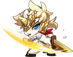 armor blonde_hair blue_eyes centaur child dragon_village_(series) dragon_village_collection furry furry_male game_cg holding holding_sword holding_weapon lowres lumindis_(dragon_village) no_humans official_art short_hair standing swinging_weapon sword tail taur third-party_source transparent_background weapon wooden_sword
