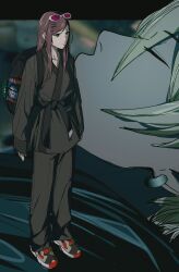 Rule 34 | 1boy, 1girl, ace attorney, aged down, alternate hairstyle, amikoiiko, analog clock, apollo justice: ace attorney, army of me, backpack, bag, belt, bjork, black belt, black jacket, black shoes, blonde hair, blue shoes, blurry, blurry background, bomb, bomber jacket, brown hair, brown shoes, cable, clock, closed eyes, collarbone, commentary, cosplay, countdown timer, derivative work, dougi, dynamite, earrings, ema skye, english commentary, explosive, eyewear on head, fingernails, full body, green dougi, green eyes, green theme, hair ornament, hairclip, highres, jacket, jewelry, klavier gavin, long hair, martial arts belt, mismatched eyebrows, official alternate hairstyle, parallel hairclips, pink-tinted eyewear, portrait, profile, red shoes, screenshot redraw, shoes, single earring, sleeves past wrists, sneakers, sternocleidomastoid muscle, sunglasses, time bomb, tinted eyewear, unconscious, white shoes, x hair ornament