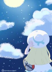Rule 34 | 1girl, bag, blonde hair, cloud, dress, duffel bag, eneko (olavcnkrpucl16a), from behind, grey bag, hand up, hat, hat ribbon, lillie (pokemon), long hair, moon, night, nintendo, outdoors, poke ball print, pokemon, pokemon sm, ribbon, sky, solo, sun hat, twitter username, white dress, white hat