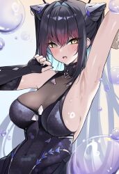 Rule 34 | 1girl, aqua hair, arm up, armpits, black bodysuit, black hair, blush, bodysuit, breasts, colored inner hair, commentary request, cone hair bun, covered navel, double bun, goddess of victory: nikke, hair bun, hair intakes, hexagon print, highres, large breasts, little mermaid (nikke), long hair, looking at viewer, multicolored hair, o-los, open mouth, skin tight, sleeveless, sleeveless bodysuit, solo, two-tone hair, upper body, yellow eyes