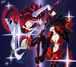 2girls black_hair breasts dragon_ball dragon_ball_daima dragon_ball_gt exhibitionism fighting gloves high_heels kill_la_kill kiryuuin_satsuki large_breasts looking_at_another matoi_ryuuko multiple_girls navel public_indecency red_fur red_hair sparkle spiked_hair ssj4 strangermen sword tail teeth weapon