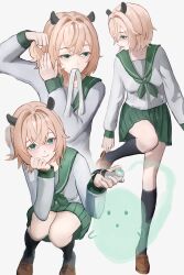 Rule 34 | 1girl, adjusting hair, alternate costume, animal ears, black thighhighs, brown hair, brown shoes, brown skirt, green eyes, green neckerchief, green sailor collar, green skirt, highres, indie virtual youtuber, loafers, looking at viewer, mouth hold, naplings (nimi nightmare), neckerchief, nimi nightmare, nonono 0147, sailor collar, shoes, skirt, solo, tapir ears, tapir girl, thighhighs, virtual youtuber