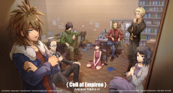 Rule 34 | 2girls, 5boys, aiba ibuki, atou haruki, black hair, black jacket, black pants, black pantyhose, blonde hair, blue jacket, blue necktie, blue pants, box, breasts, brown hair, brown pants, brown sweater, cardboard box, chair, character name, checkered floor, closed eyes, closed mouth, collared shirt, commentary request, copyright name, crossed arms, desk, dress, english text, fur-trimmed jacket, fur trim, glasses, green eyes, green jacket, green shoes, grey jacket, grey shoes, hair between eyes, hair over one eye, highres, impact (font), in-universe location, inari (rabbit292), indoors, isoi reiji, jacket, kumazaki karen, kumazaki riku, kurachi terumi, long hair, long sleeves, medium breasts, medium hair, multiple boys, multiple girls, necktie, on chair, open clothes, open jacket, open mouth, pants, pantyhose, ponytail, purple dress, purple eyes, red dress, red jacket, red shirt, ribbed sweater, saibou shinkyoku, sanpaku, shirt, shoes, short hair, sitting, sleeveless, sleeveless dress, standing, sweater, sweater dress, turtleneck, turtleneck sweater, wariza, white background, yanagi nina