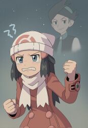 Rule 34 | 1boy, 1girl, beanie, black hair, clenched hands, clenched teeth, coat, dawn (pokemon), eyelashes, grey eyes, hair ornament, hairclip, hands up, hat, highres, long hair, long sleeves, nakikot t, nintendo, pokemon, pokemon dppt, pokemon platinum, red coat, scarf, sidelocks, tearing up, teeth, thorton (pokemon), white hat, white scarf
