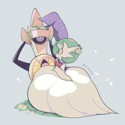 aegislash artist_name colored_skin dress elbow_gloves flower flower_wreath gardevoir gen_3_pokemon gen_6_pokemon gloves holding holding_shield mega_gardevoir mega_pokemon ni_re nintendo one-eyed petals pokemon pokemon_(creature) purple_eyes shield sword weapon white_dress white_gloves white_petals white_skin